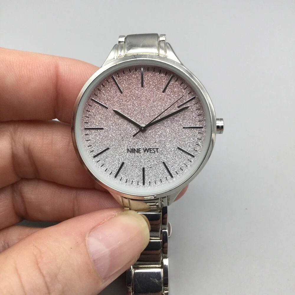 Nine West Womens Watch 36mm Silver Tone Pink Glitter Dial NW23837 New Battery 7